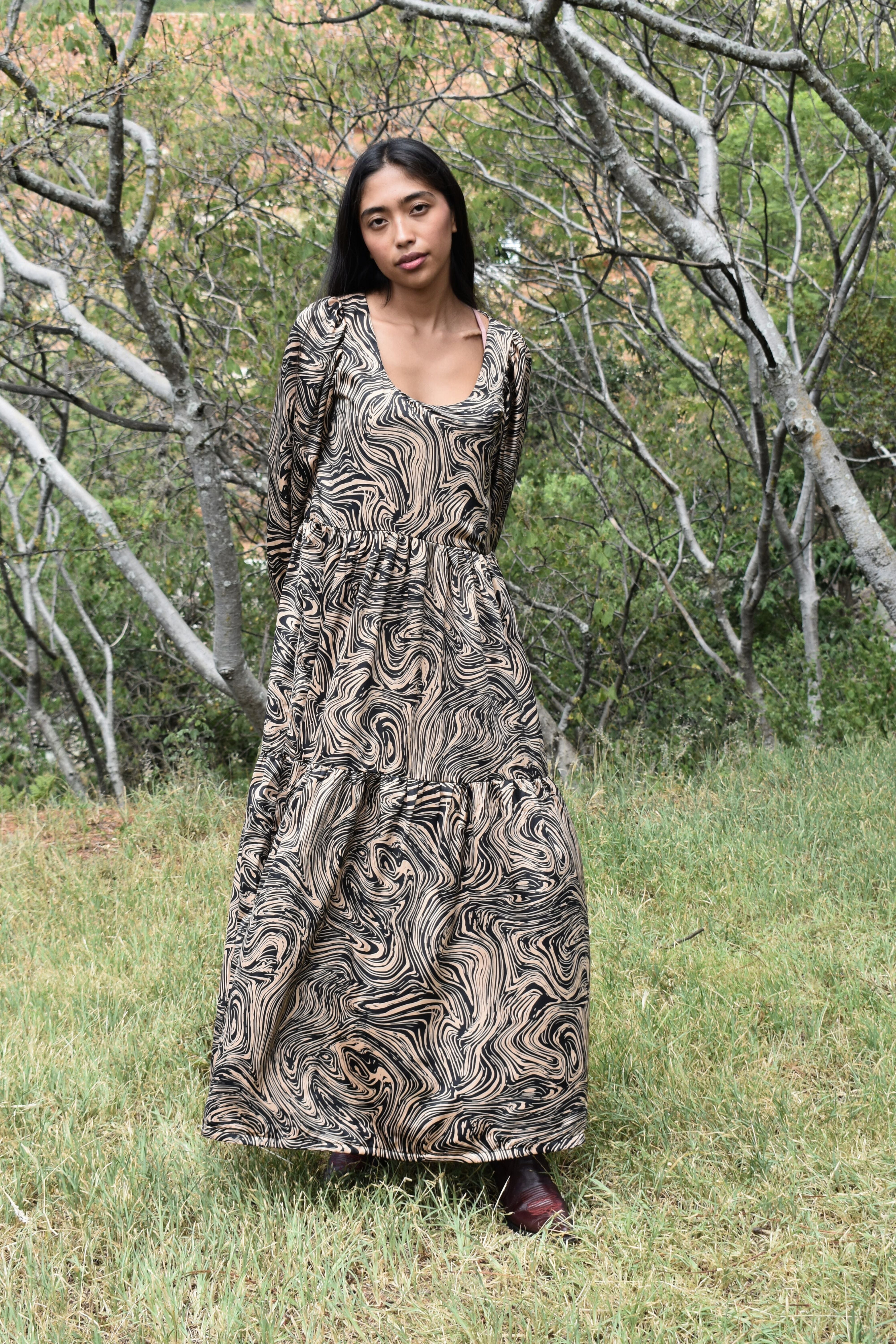 Jasmine Dress in Satin Swirl